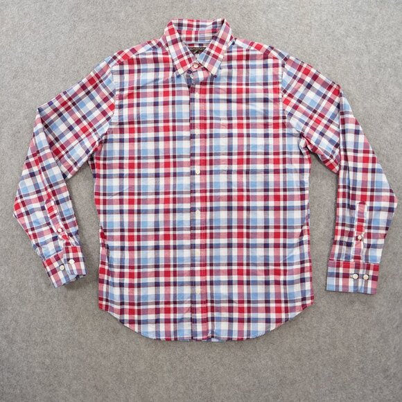 Banana Republic Shirt Mens Large Red Blue Button Up Plaid Long Sleeve Chambray - Picture 1 of 14